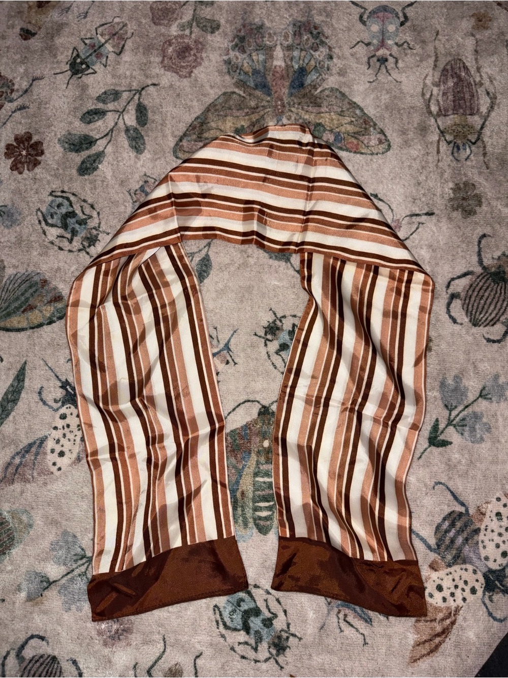 Vintage 1970s Brown & Tan Striped Satin Oblong Neck Scarf